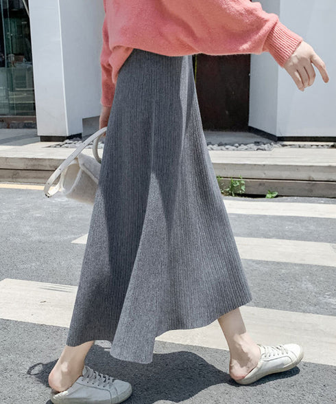 フレアニットスカート 着やせ 無地 秋冬 レディース Aラインスカート リブスカート ウエストゴム ハイウエスト ボトムス 体型カバー 大人可愛い 韓国風 85YN-900600