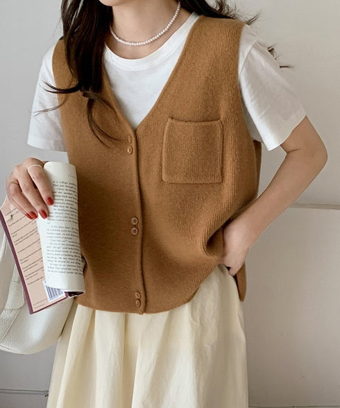 Vネックニットベスト ニットジレ 重ね着 レディース ニットトップス 前開き レイヤードベスト オフィスカジュアル お洒落 ノースリーブ 着やせ 20代30代 85YN-900603