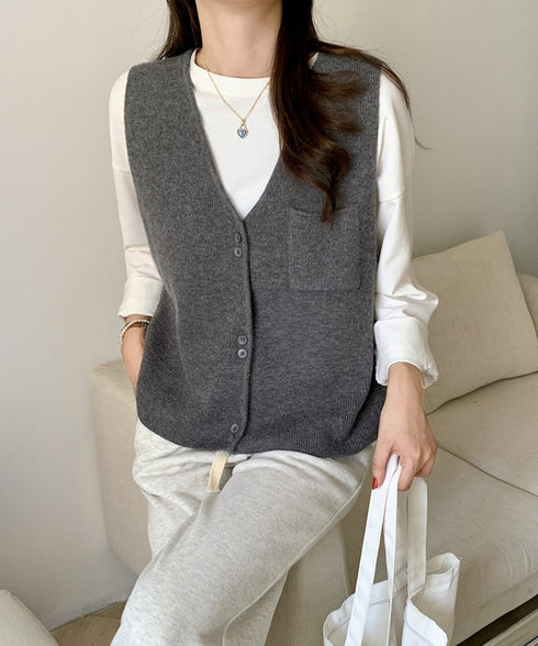 Vネックニットベスト ニットジレ 重ね着 レディース ニットトップス 前開き レイヤードベスト オフィスカジュアル お洒落 ノースリーブ 着やせ 20代30代 85YN-900603