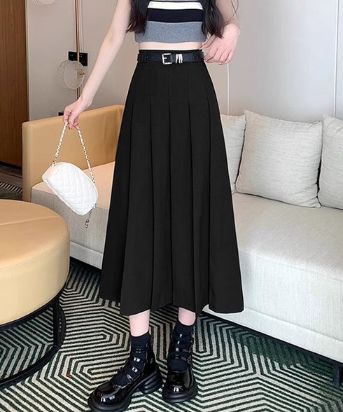 プリーツスカート ベルト付き 韓国風 レディース Aラインスカート 無地 ハイウエスト 体型カバー ボトムス お洒落 ロングスカート 着やせ 秋冬 85YN-900605