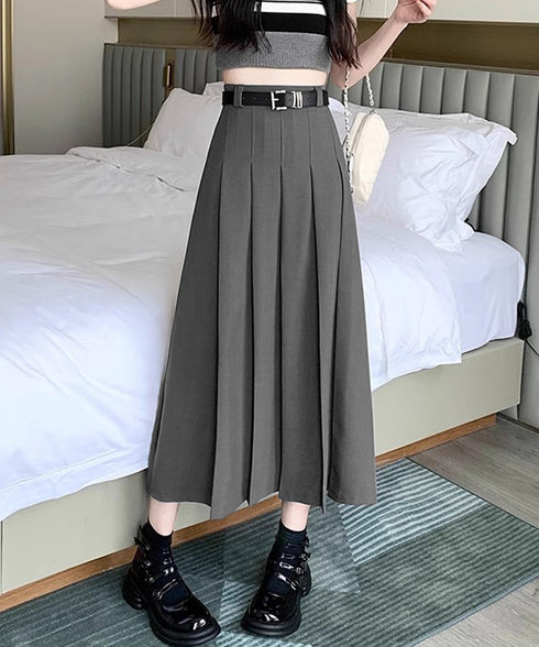 プリーツスカート ベルト付き 韓国風 レディース Aラインスカート 無地 ハイウエスト 体型カバー ボトムス お洒落 ロングスカート 着やせ 秋冬 85YN-900605