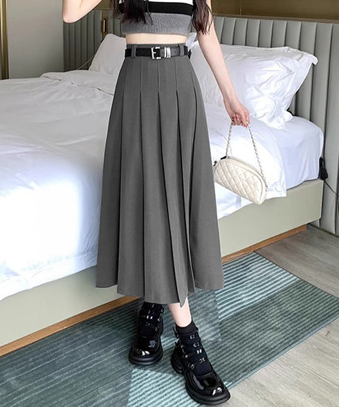 プリーツスカート ベルト付き 韓国風 レディース Aラインスカート 無地 ハイウエスト 体型カバー ボトムス お洒落 ロングスカート 着やせ 秋冬 85YN-900605