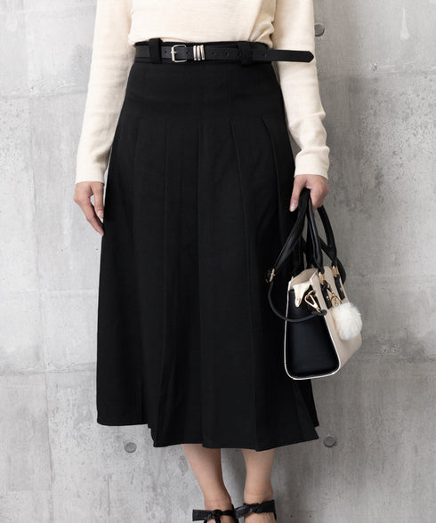 プリーツスカート ベルト付き 韓国風 レディース Aラインスカート 無地 ハイウエスト 体型カバー ボトムス お洒落 ロングスカート 着やせ 秋冬 85YN-900605