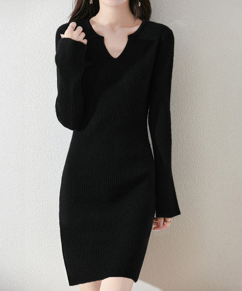 キーネック タイトリブニットワンピース レディース ニットドレス おしゃれ 長袖 秋冬ボディコンワンピ 無地 韓国風 セクシーワンピ細身 85YN-900608