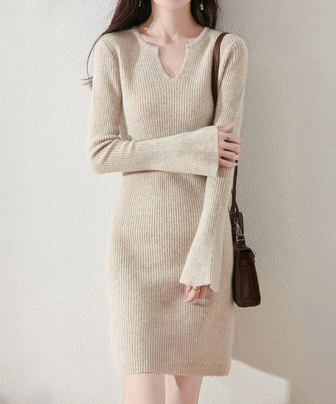 キーネック タイトリブニットワンピース レディース ニットドレス おしゃれ 長袖 秋冬ボディコンワンピ 無地 韓国風 セクシーワンピ細身 85YN-900608