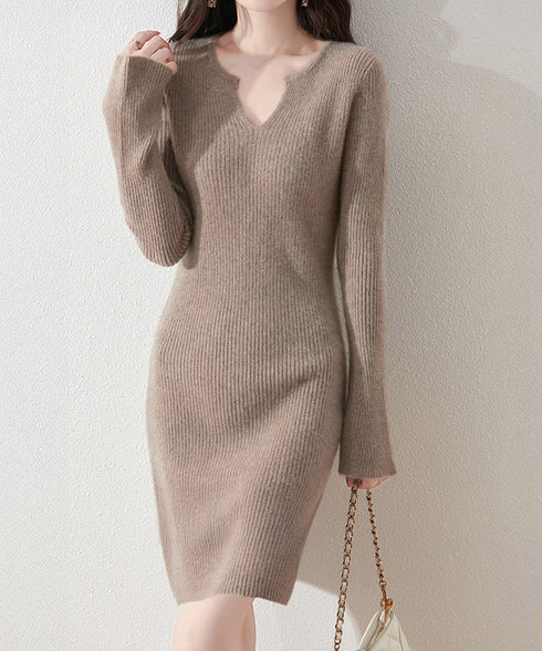 キーネック タイトリブニットワンピース レディース ニットドレス おしゃれ 長袖 秋冬ボディコンワンピ 無地 韓国風 セクシーワンピ細身 85YN-900608