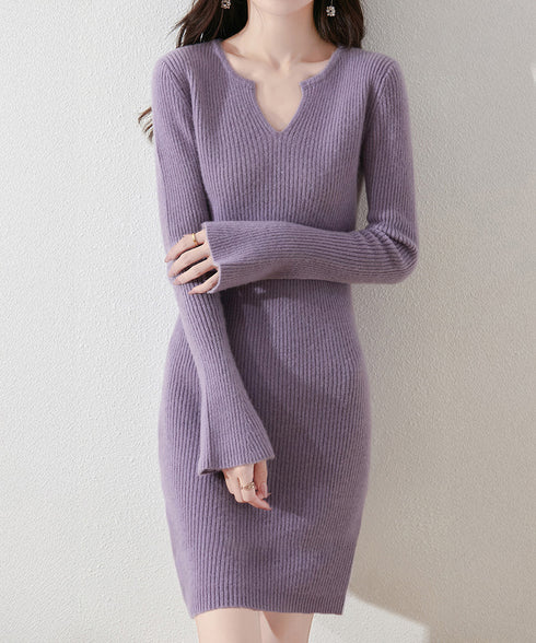 キーネック タイトリブニットワンピース レディース ニットドレス おしゃれ 長袖 秋冬ボディコンワンピ 無地 韓国風 セクシーワンピ細身 85YN-900608