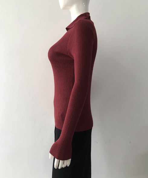 ポロニットトップス リブニット 韓国風 Vネックニットレディース長袖 きれいめニットプルオーバー オフィスカジュアル ニットセーターおしゃれ 着やせタイトニット 85YN-900610