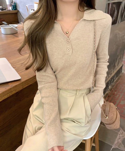 ポロニットトップス リブニット 韓国風 Vネックニットレディース長袖 きれいめニットプルオーバー オフィスカジュアル ニットセーターおしゃれ 着やせタイトニット 85YN-900610