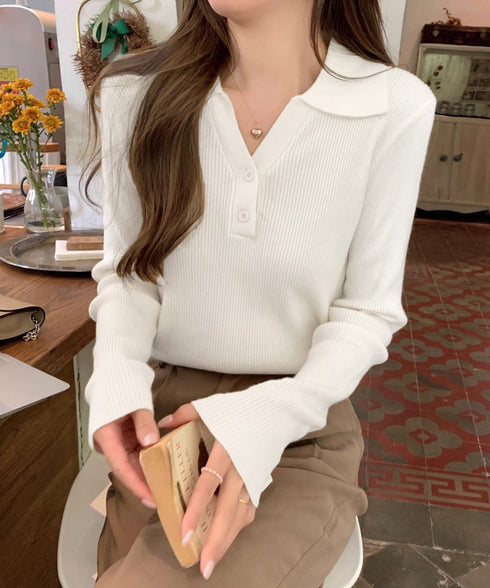 ポロニットトップス リブニット 韓国風 Vネックニットレディース長袖 きれいめニットプルオーバー オフィスカジュアル ニットセーターおしゃれ 着やせタイトニット 85YN-900610