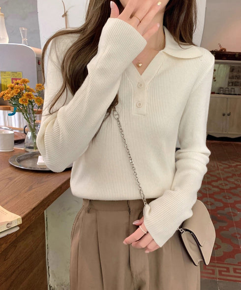 ポロニットトップス リブニット 韓国風 Vネックニットレディース長袖 きれいめニットプルオーバー オフィスカジュアル ニットセーターおしゃれ 着やせタイトニット 85YN-900610