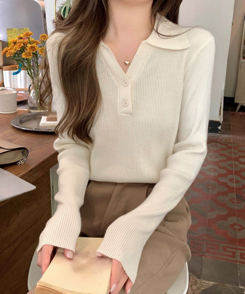 ポロニットトップス リブニット 韓国風 Vネックニットレディース長袖 きれいめニットプルオーバー オフィスカジュアル ニットセーターおしゃれ 着やせタイトニット 85YN-900610