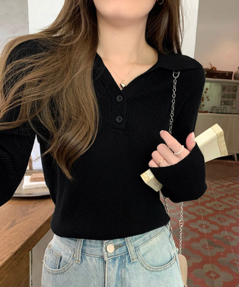 ポロニットトップス リブニット 韓国風 Vネックニットレディース長袖 きれいめニットプルオーバー オフィスカジュアル ニットセーターおしゃれ 着やせタイトニット 85YN-900610