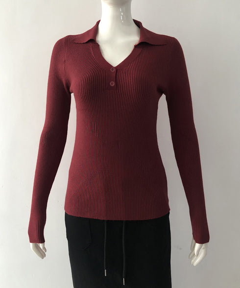 ポロニットトップス リブニット 韓国風 Vネックニットレディース長袖 きれいめニットプルオーバー オフィスカジュアル ニットセーターおしゃれ 着やせタイトニット 85YN-900610