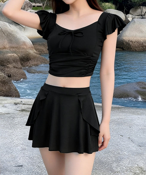 水着レディース ビキニ2点セット 韓国風 水着2点セット フリル水着 大人ガーリー セパレート水着 パンツ付きミニスカート 露出控えめビーチウェア 夏 海 海水浴 85YN-900617
