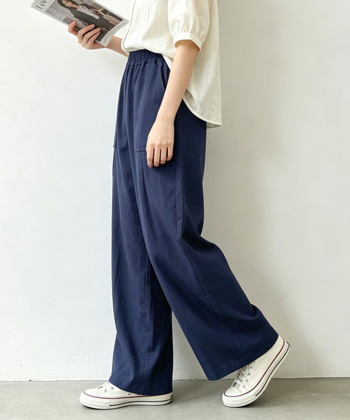 綿麻風ワイドパンツ レディース きれいめ リネン風パンツ ウエストゴム ゆったり ロングパンツ 大人カジュアル ズボン ポケット付き 韓国風ボトムス ハイウエスト 85YN-900623