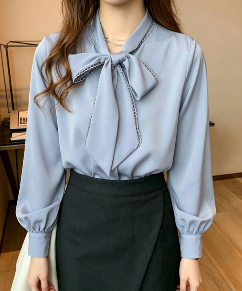 リボンタイブラウス ボウタイシャツ 長袖 シフォンブラウス 無地 上品 オフィスブラウス 大人 シャツブラウス きれいめ おしゃれ トップス OL 通勤 春コーデ 85YN-900624