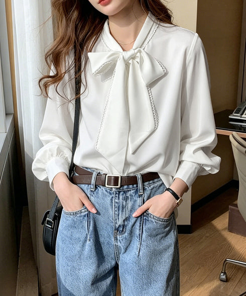 リボンタイブラウス ボウタイシャツ 長袖 シフォンブラウス 無地 上品 オフィスブラウス 大人 シャツブラウス きれいめ おしゃれ トップス OL 通勤 春コーデ 85YN-900624