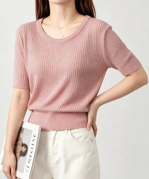 リブニットップス きれいめ 韓国風 夏服 レディース サマーニット 着やせ クルーネック ゆったり おしゃれカットソー 夏トップス シンプルカットソー 大人可愛い 85YN-900625