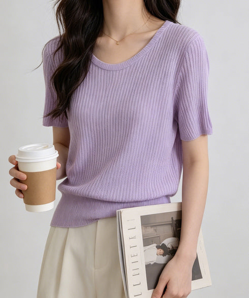 リブニットップス きれいめ 韓国風 夏服 レディース サマーニット 着やせ クルーネック ゆったり おしゃれカットソー 夏トップス シンプルカットソー 大人可愛い 85YN-900625