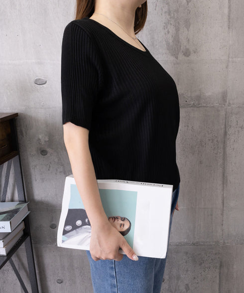 リブニットップス きれいめ 韓国風 夏服 レディース サマーニット 着やせ クルーネック ゆったり おしゃれカットソー 夏トップス シンプルカットソー 大人可愛い 85YN-900625