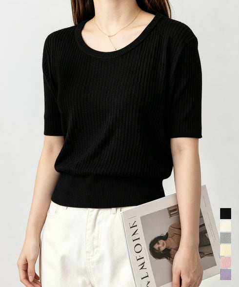 リブニットップス きれいめ 韓国風 夏服 レディース サマーニット 着やせ クルーネック ゆったり おしゃれカットソー 夏トップス シンプルカットソー 大人可愛い 85YN-900625