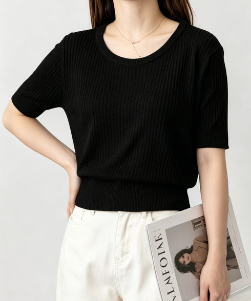 リブニットップス きれいめ 韓国風 夏服 レディース サマーニット 着やせ クルーネック ゆったり おしゃれカットソー 夏トップス シンプルカットソー 大人可愛い 85YN-900625