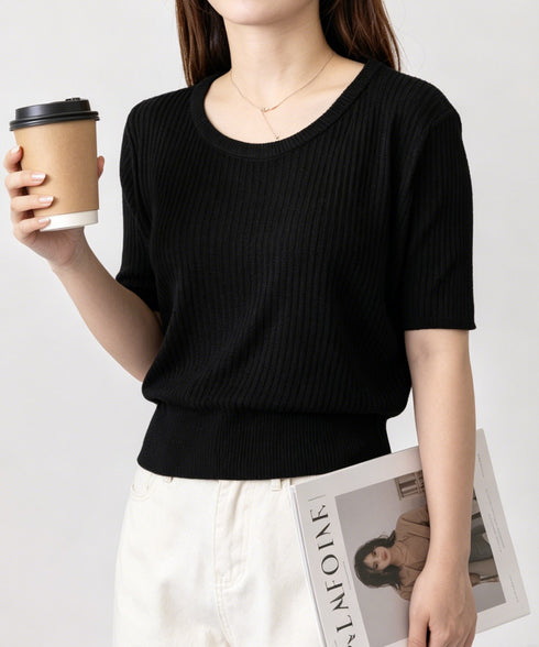 リブニットップス きれいめ 韓国風 夏服 レディース サマーニット 着やせ クルーネック ゆったり おしゃれカットソー 夏トップス シンプルカットソー 大人可愛い 85YN-900625