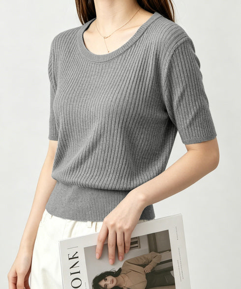 リブニットップス きれいめ 韓国風 夏服 レディース サマーニット 着やせ クルーネック ゆったり おしゃれカットソー 夏トップス シンプルカットソー 大人可愛い 85YN-900625