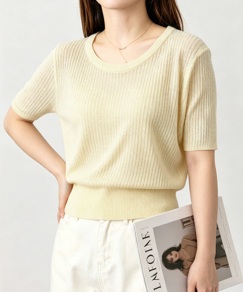 リブニットップス きれいめ 韓国風 夏服 レディース サマーニット 着やせ クルーネック ゆったり おしゃれカットソー 夏トップス シンプルカットソー 大人可愛い 85YN-900625