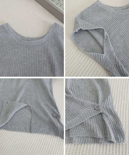 フレンチスリーブサマーニットトップス夏服 レディース 透け感トップス 着回し プルオーバー クルーネック 着やせ おしゃれ カジュアル 体型カバートップス 春夏 85YN-900633
