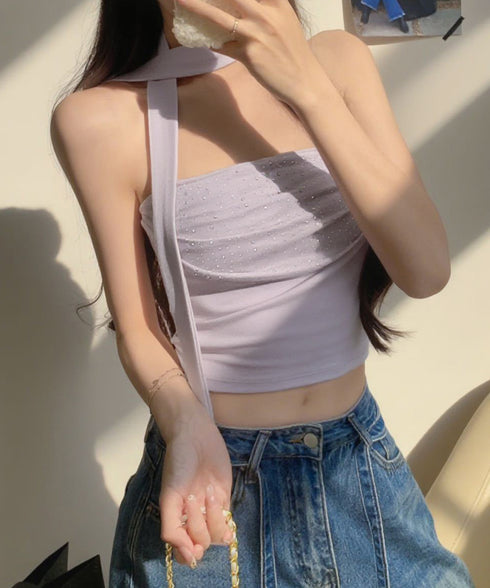 ラインストーンベアトップ きれいめ 夏服 チューブトップ レディース スカーフ付き ギャザー 2点セット ショート丈 肌見せ 韓国風 フェミニン カジュアル 85YN-900635