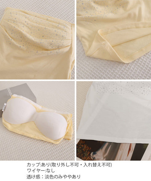 ラインストーンベアトップ きれいめ 夏服 チューブトップ レディース スカーフ付き ギャザー 2点セット ショート丈 肌見せ 韓国風 フェミニン カジュアル 85YN-900635