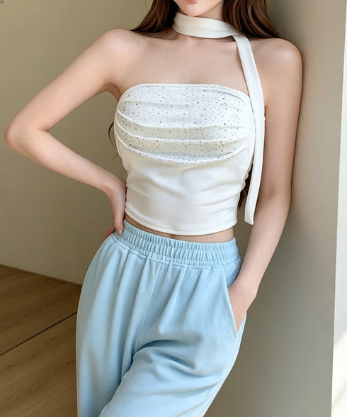 ラインストーンベアトップ きれいめ 夏服 チューブトップ レディース スカーフ付き ギャザー 2点セット ショート丈 肌見せ 韓国風 フェミニン カジュアル 85YN-900635