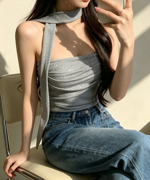 ラインストーンベアトップ きれいめ 夏服 チューブトップ レディース スカーフ付き ギャザー 2点セット ショート丈 肌見せ 韓国風 フェミニン カジュアル 85YN-900635