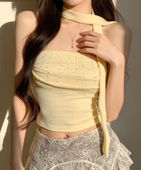 ラインストーンベアトップ きれいめ 夏服 チューブトップ レディース スカーフ付き ギャザー 2点セット ショート丈 肌見せ 韓国風 フェミニン カジュアル 85YN-900635