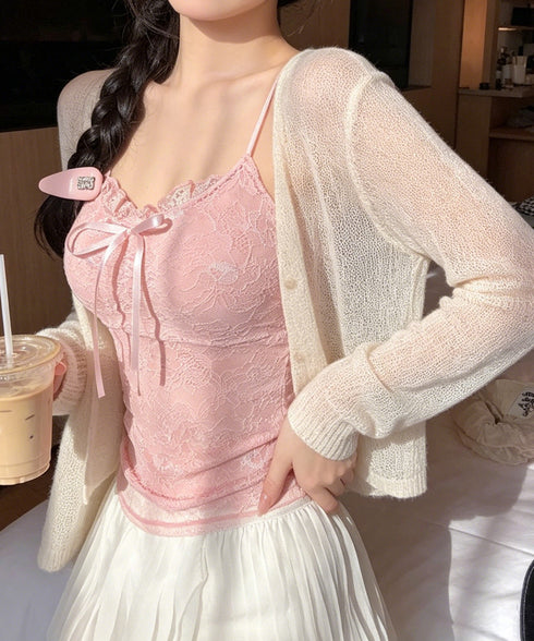 レースキャミソールパッド付きインナー夏服 レディース フロントリボンキャミ おしゃれブラトップ 着回し フェミニンブラキャミ 韓国風 肌見せインナートップス重ね着 85YN-900636