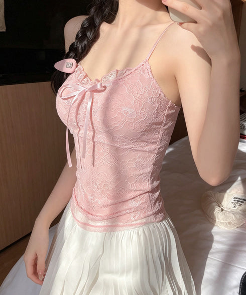レースキャミソールパッド付きインナー夏服 レディース フロントリボンキャミ おしゃれブラトップ 着回し フェミニンブラキャミ 韓国風 肌見せインナートップス重ね着 85YN-900636