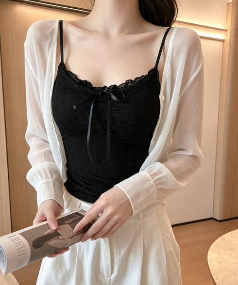レースキャミソールパッド付きインナー夏服 レディース フロントリボンキャミ おしゃれブラトップ 着回し フェミニンブラキャミ 韓国風 肌見せインナートップス重ね着 85YN-900636