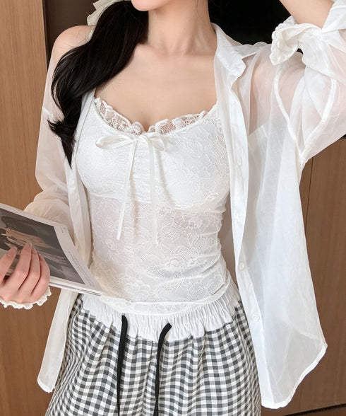 レースキャミソールパッド付きインナー夏服 レディース フロントリボンキャミ おしゃれブラトップ 着回し フェミニンブラキャミ 韓国風 肌見せインナートップス重ね着 85YN-900636