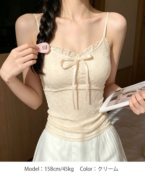 レースキャミソールパッド付きインナー夏服 レディース フロントリボンキャミ おしゃれブラトップ 着回し フェミニンブラキャミ 韓国風 肌見せインナートップス重ね着 85YN-900636