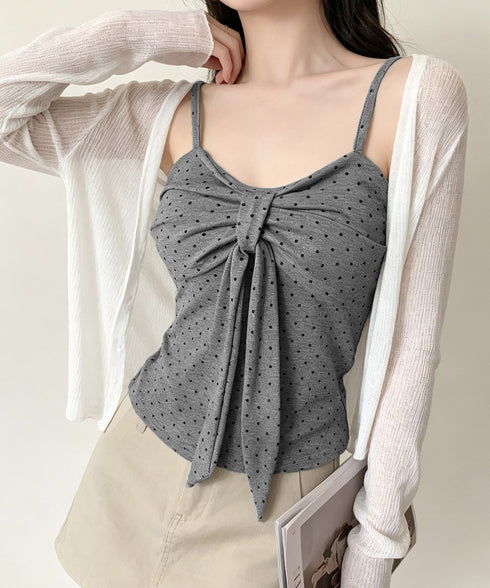 ドット柄キャミソール カップ付き 夏服 レディース インナーキャミ フェミニンキャミトップス フロントリボン スリムフィットキャミ 韓国風 大人可愛いインナー 85YN-900637