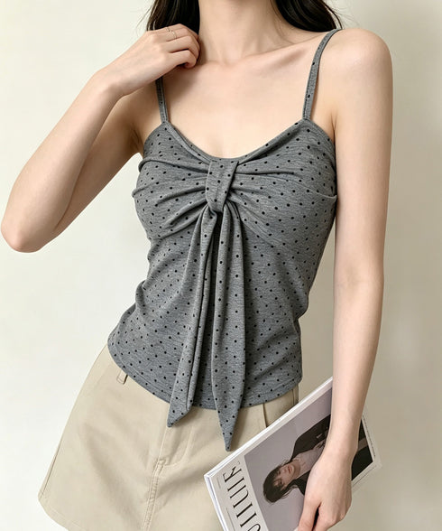 ドット柄キャミソール カップ付き 夏服 レディース インナーキャミ フェミニンキャミトップス フロントリボン スリムフィットキャミ 韓国風 大人可愛いインナー 85YN-900637