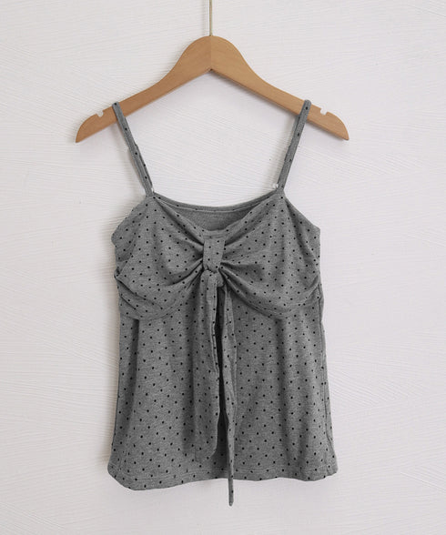 ドット柄キャミソール カップ付き 夏服 レディース インナーキャミ フェミニンキャミトップス フロントリボン スリムフィットキャミ 韓国風 大人可愛いインナー 85YN-900637