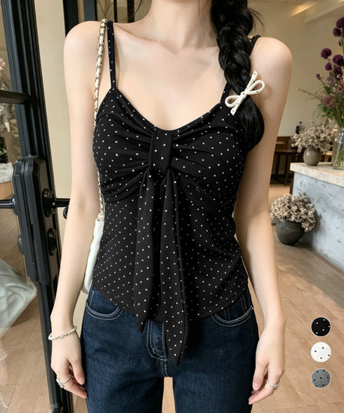 ドット柄キャミソール カップ付き 夏服 レディース インナーキャミ フェミニンキャミトップス フロントリボン スリムフィットキャミ 韓国風 大人可愛いインナー 85YN-900637