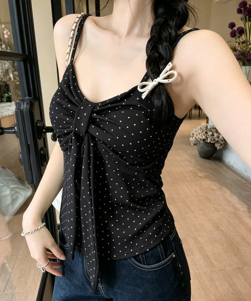ドット柄キャミソール カップ付き 夏服 レディース インナーキャミ フェミニンキャミトップス フロントリボン スリムフィットキャミ 韓国風 大人可愛いインナー 85YN-900637