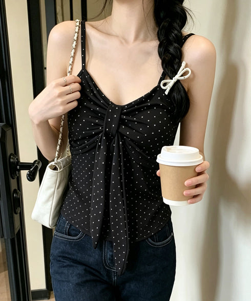 ドット柄キャミソール カップ付き 夏服 レディース インナーキャミ フェミニンキャミトップス フロントリボン スリムフィットキャミ 韓国風 大人可愛いインナー 85YN-900637