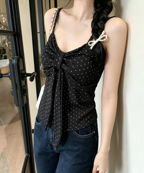 ドット柄キャミソール カップ付き 夏服 レディース インナーキャミ フェミニンキャミトップス フロントリボン スリムフィットキャミ 韓国風 大人可愛いインナー 85YN-900637