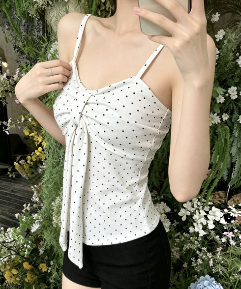 ドット柄キャミソール カップ付き 夏服 レディース インナーキャミ フェミニンキャミトップス フロントリボン スリムフィットキャミ 韓国風 大人可愛いインナー 85YN-900637