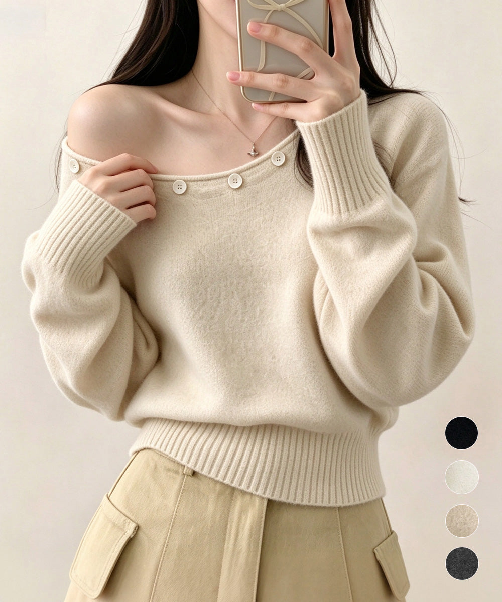 オフショルダー ニットトップス韓国風秋服